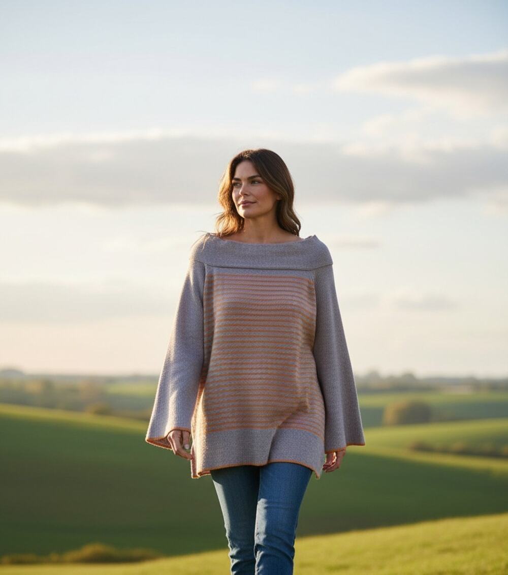 By Anthropologie Sweater Tunic Womens XL Gray Striped Boat Neck Bell Sleeve